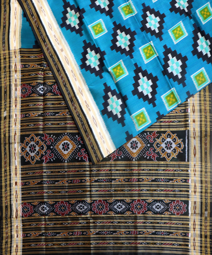 Cyan blue black silk handwoven khandua saree