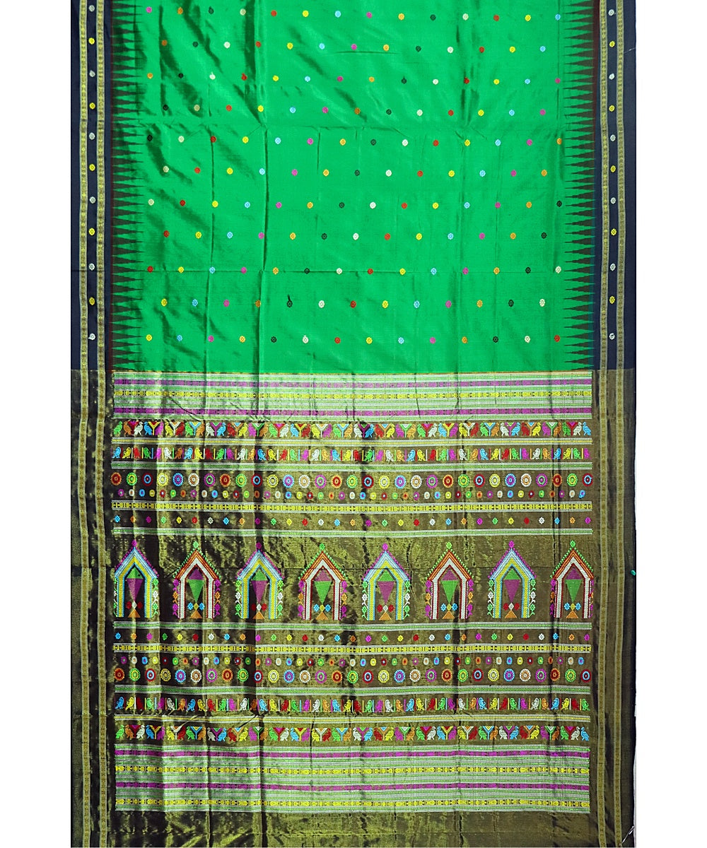 Light green black silk handwoven bomkai saree