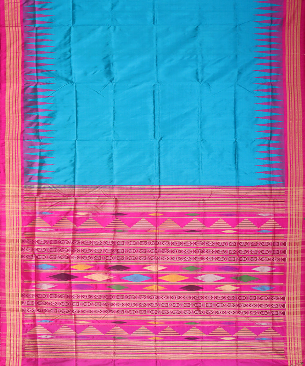 Cyan blue pink silk handwoven bomkai saree