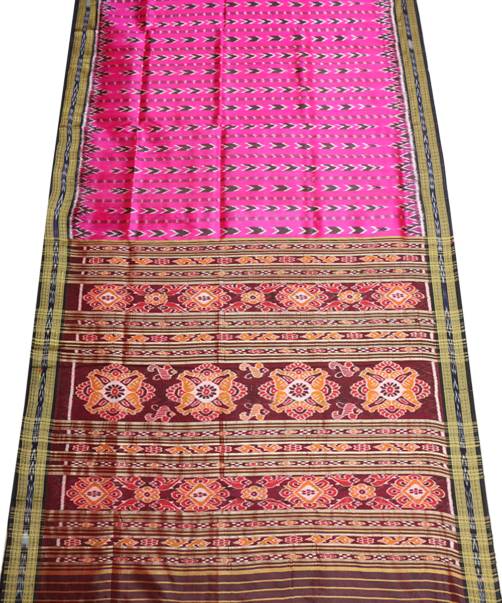 Crimson glory pink black silk handwoven khandua saree
