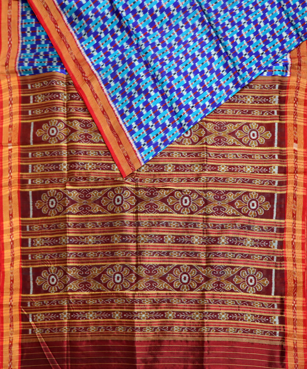 Cyan blue red silk handwoven khandua saree
