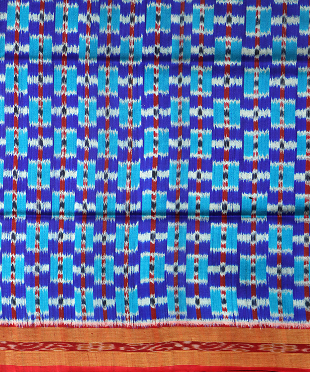Cyan blue red silk handwoven khandua saree
