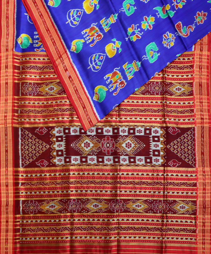 Navy blue red silk handwoven khandua saree