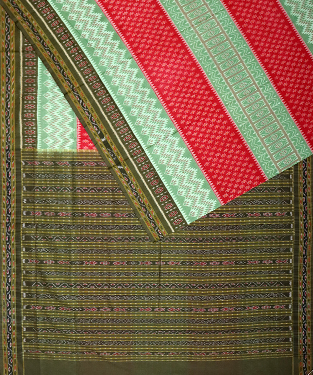 Olive green red cotton handloom sambalpuri saree