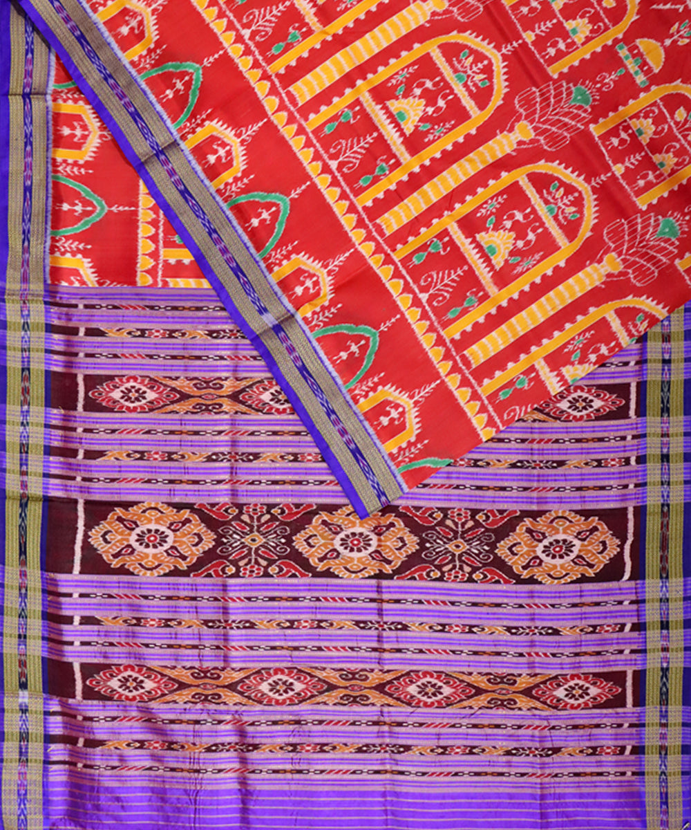 Red blue handloom khandua silk saree
