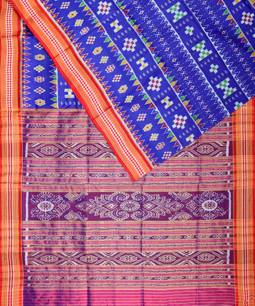 Navy blue red handloom khandua silk saree