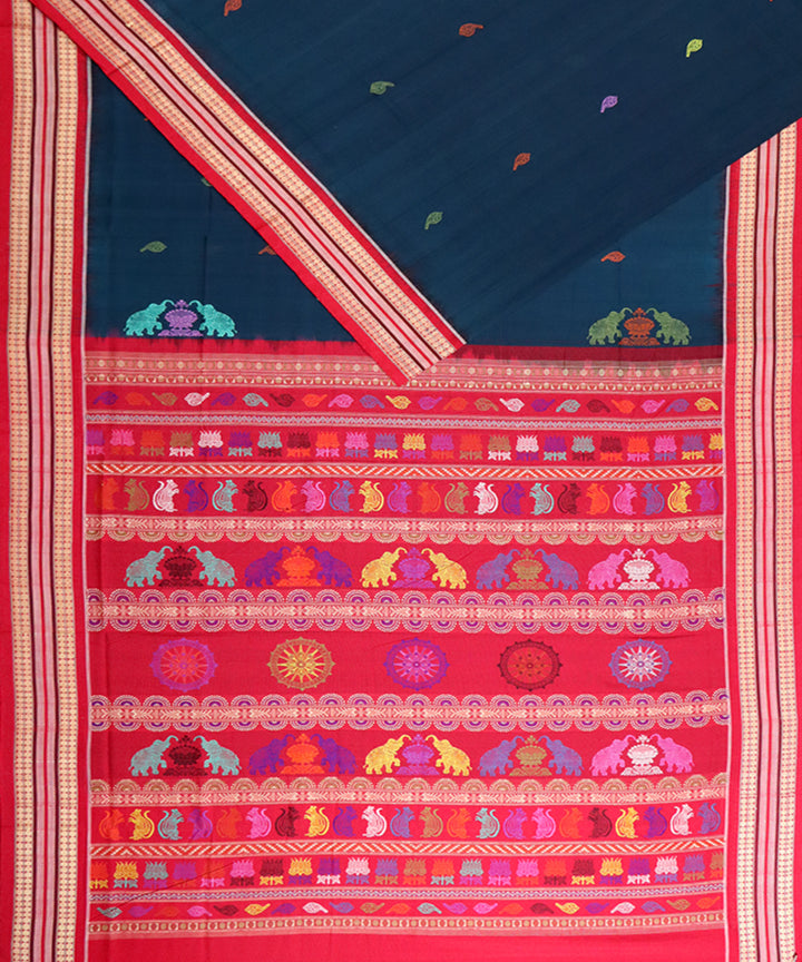 Dark imperial blue red cotton handloom bomkai saree