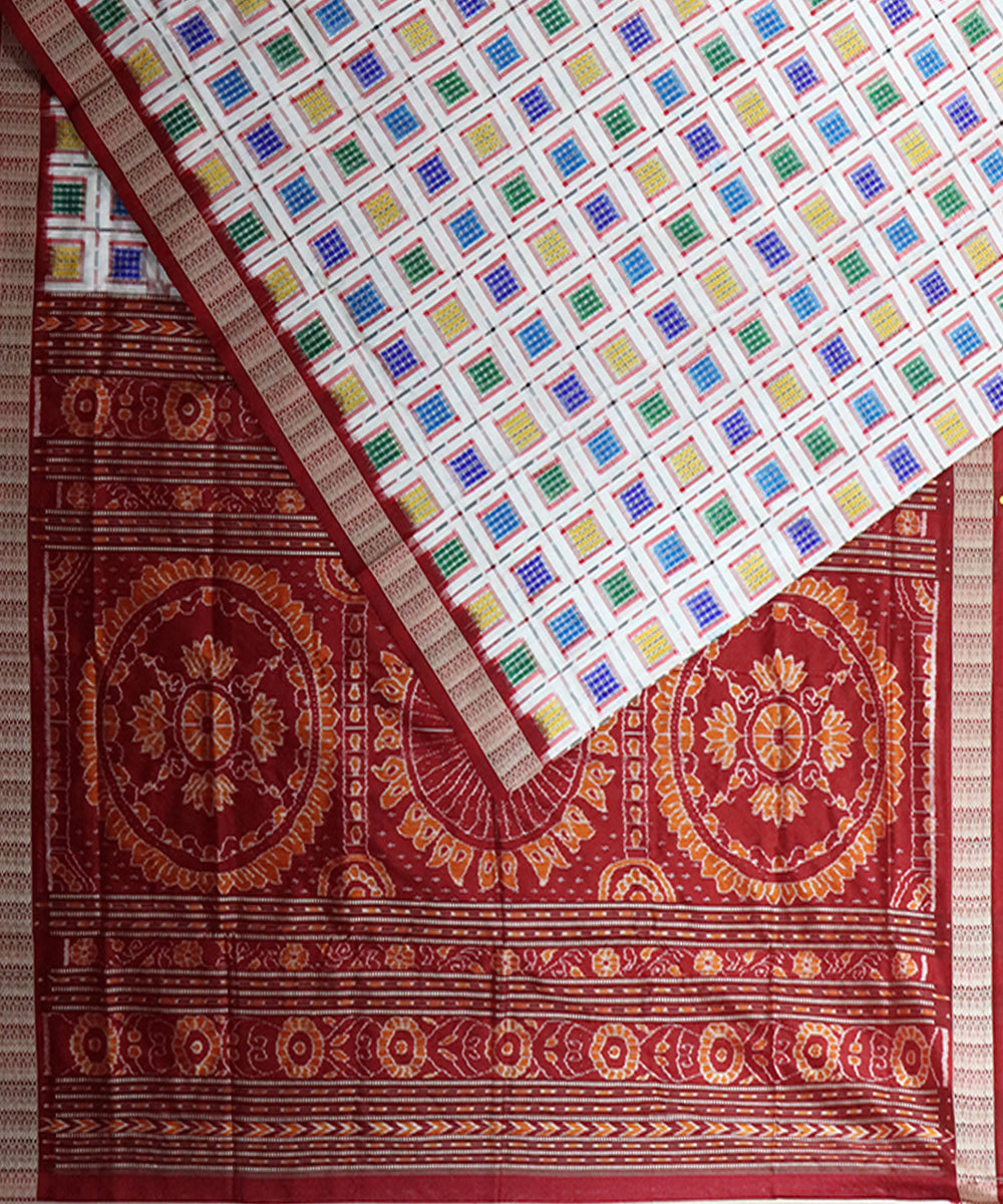 Offwhite maroon silk handloom sambalpuri saree