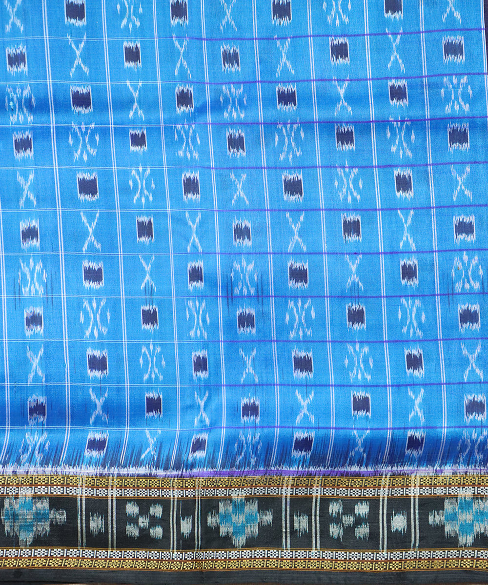 Sky blue black silk handloom khandua saree