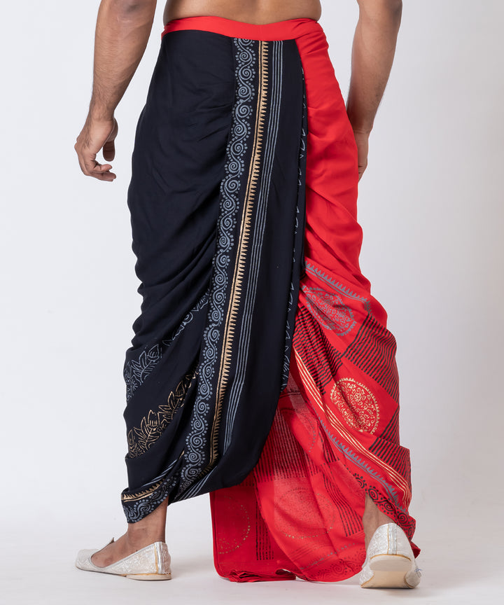Red black hand block printed cotton rayon dhoti