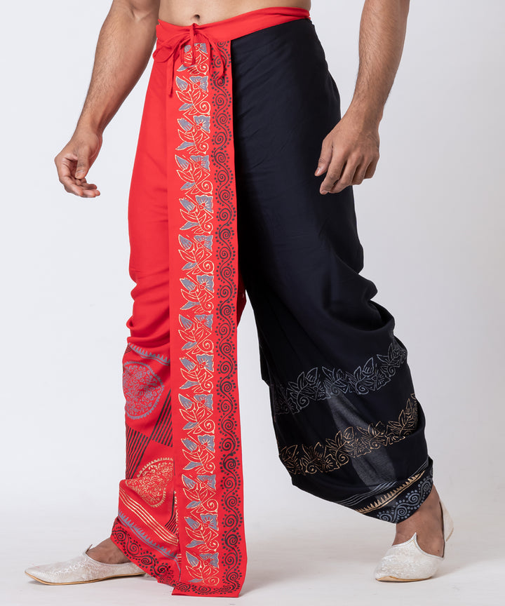 Red black hand block printed cotton rayon dhoti