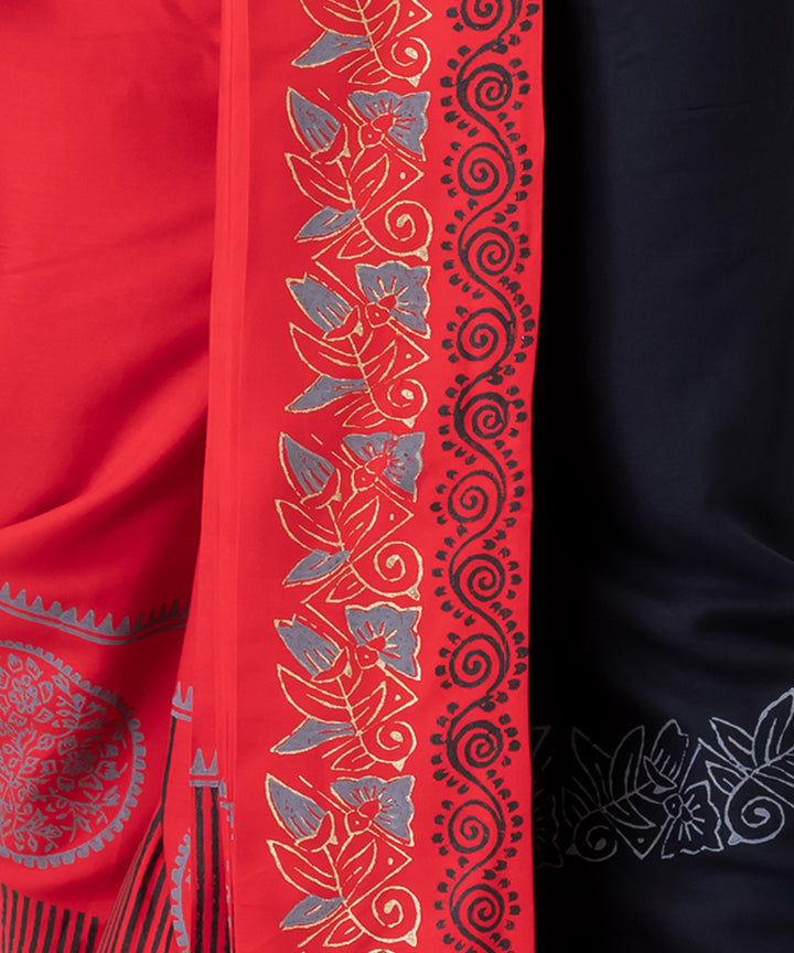 Red black hand block printed cotton rayon dhoti