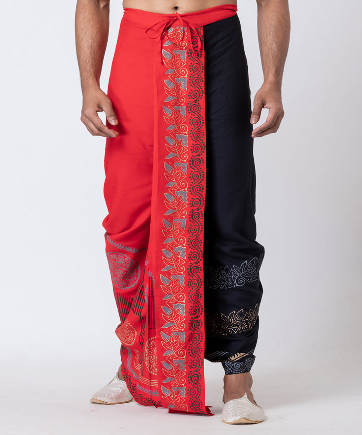 Red black hand block printed cotton rayon dhoti