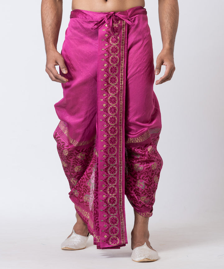 Purple hand block print dupion silk dhoti