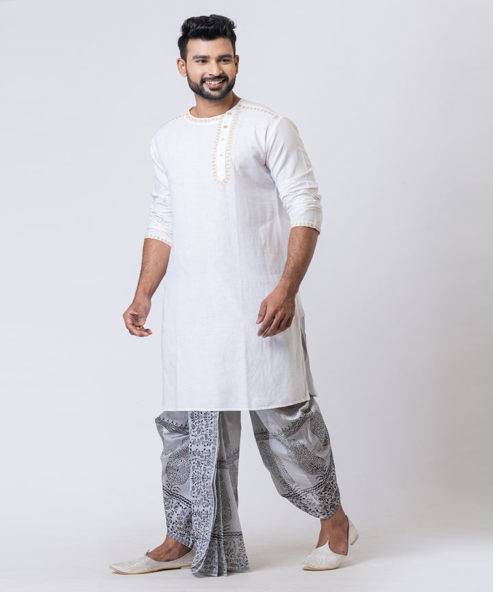 Grey black dupion silk hand block printed dhoti