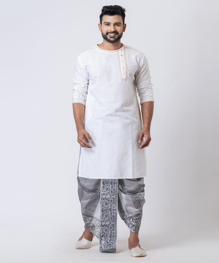 Grey black dupion silk hand block printed dhoti