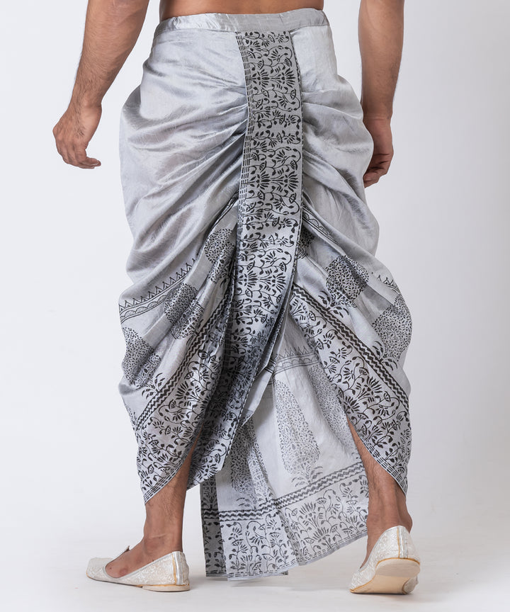 Grey black dupion silk hand block printed dhoti