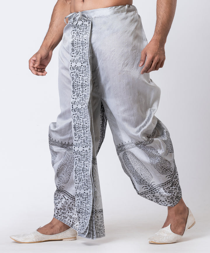 Grey black dupion silk hand block printed dhoti