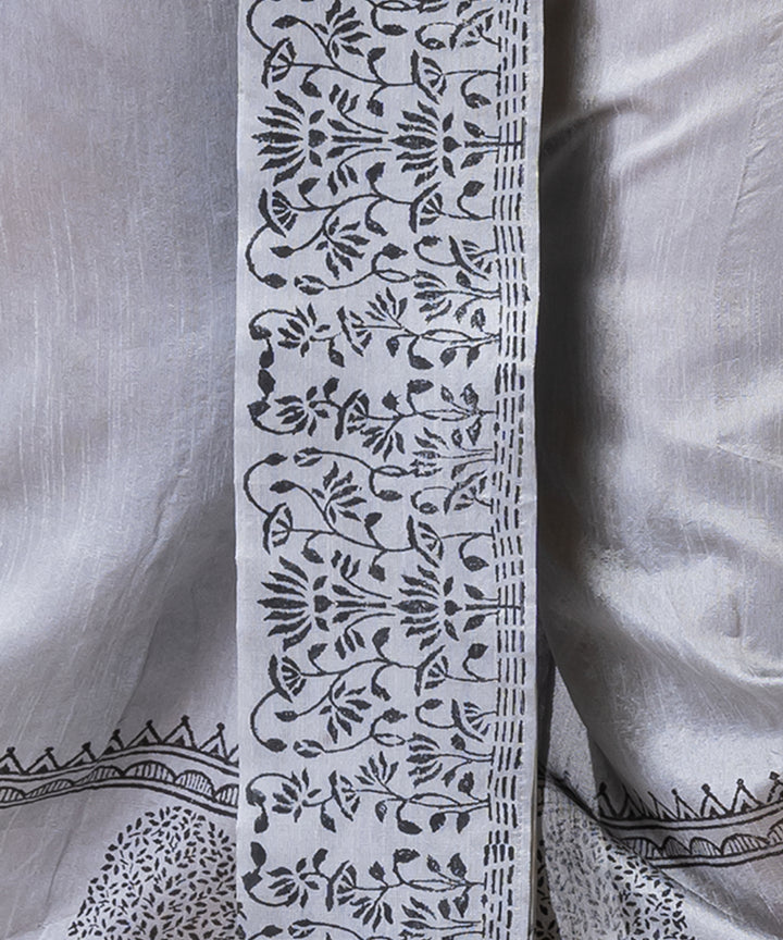 Grey black dupion silk hand block printed dhoti