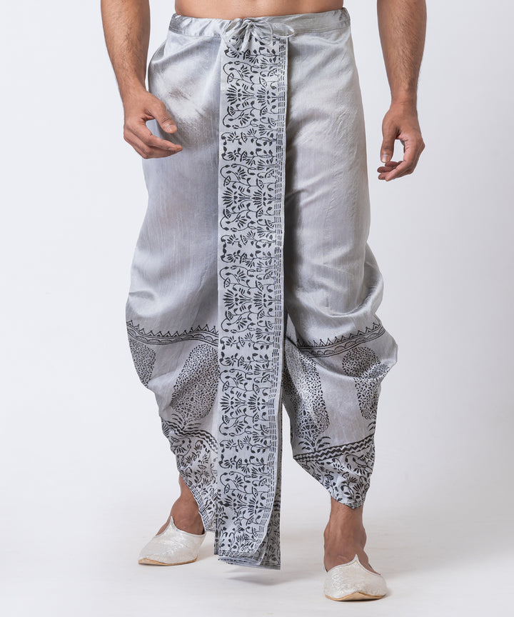 Grey black dupion silk hand block printed dhoti