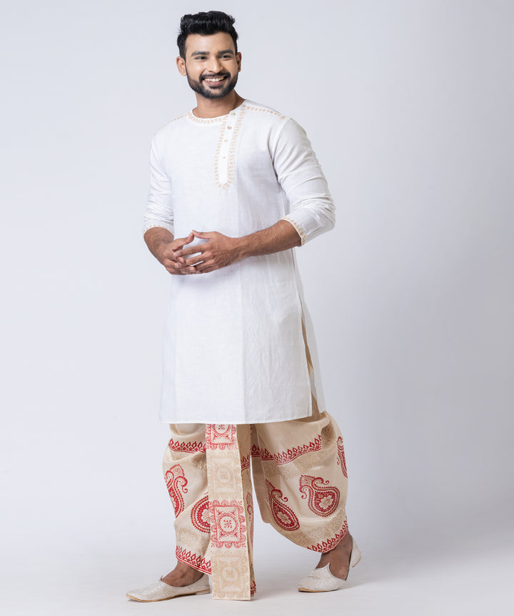 Beige red hand block printed dupion silk dhoti