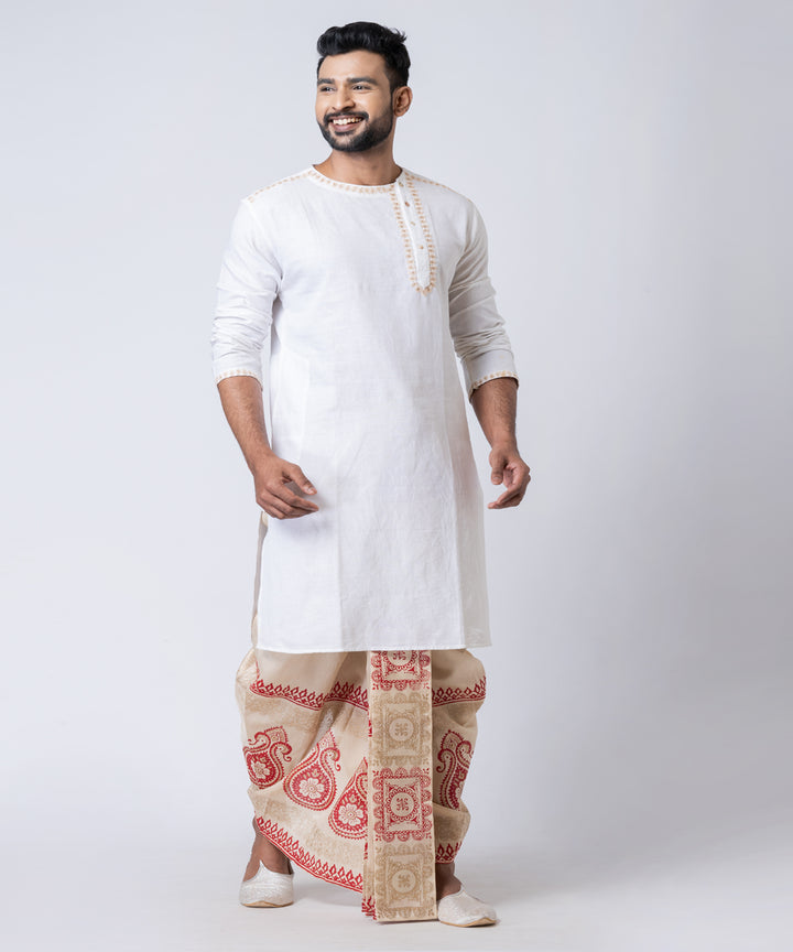 Beige red hand block printed dupion silk dhoti