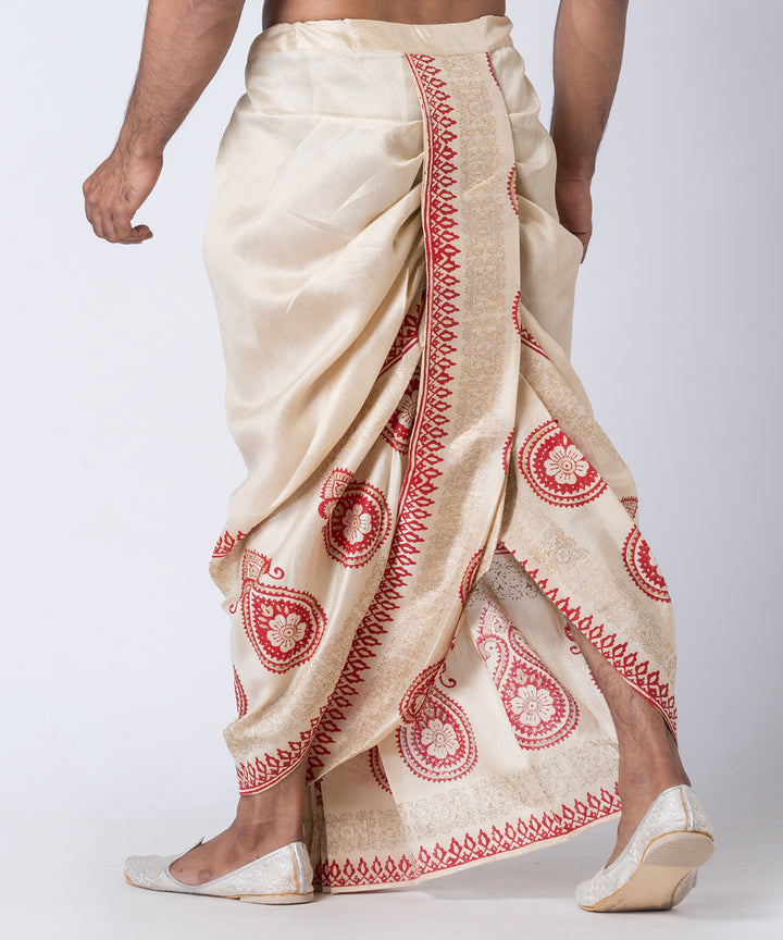 Beige red hand block printed dupion silk dhoti