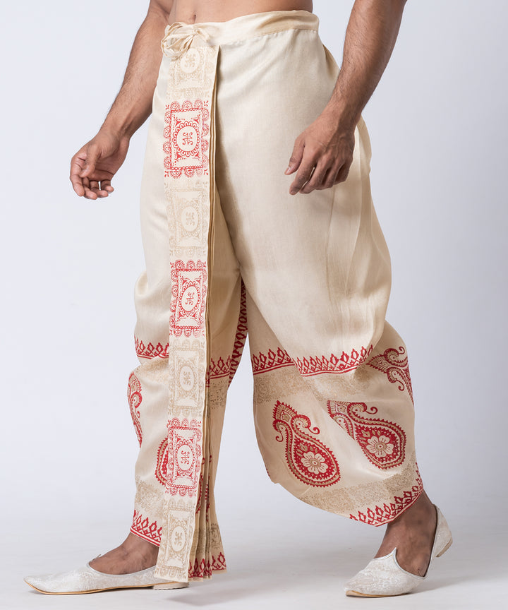 Beige red hand block printed dupion silk dhoti