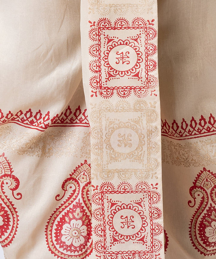 Beige red hand block printed dupion silk dhoti