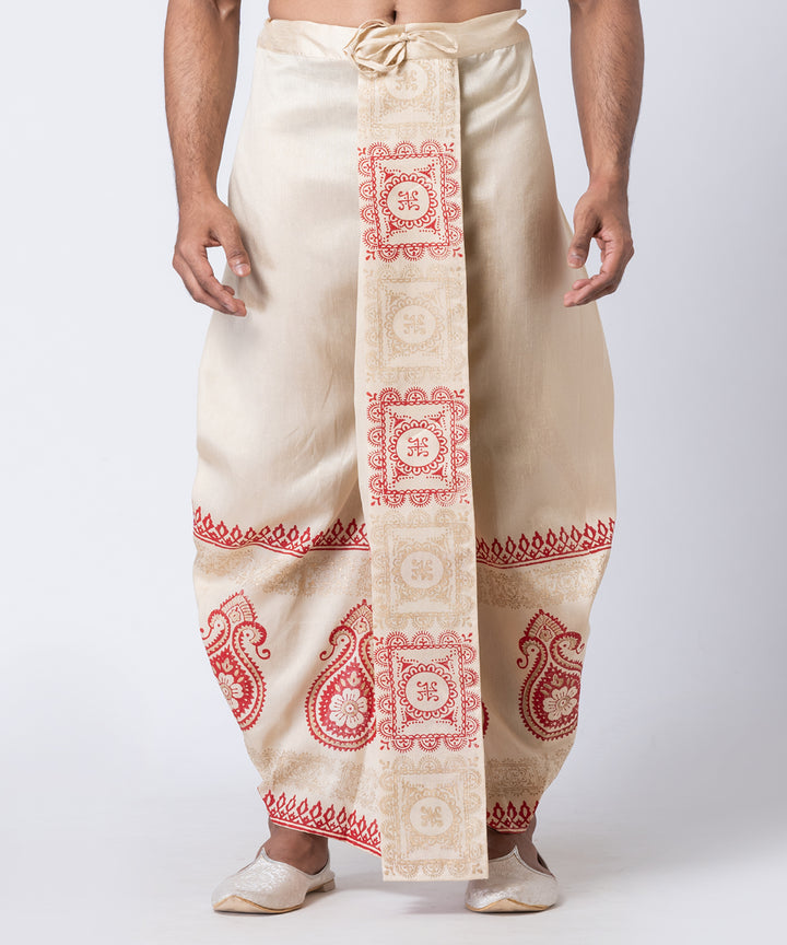 Beige red hand block printed dupion silk dhoti