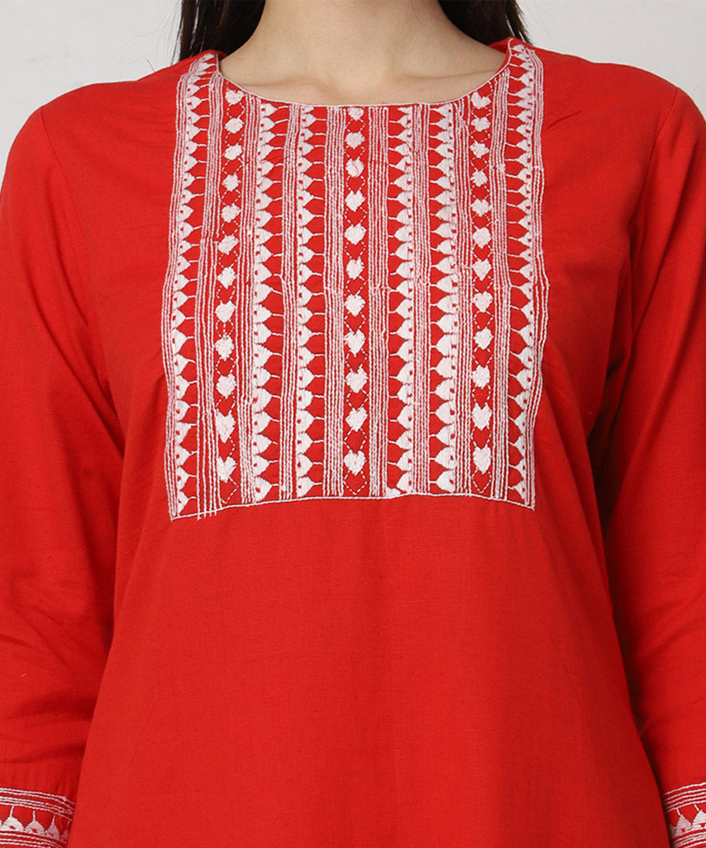 Red cotton hand embroidered 3/4 sleeve kurta set
