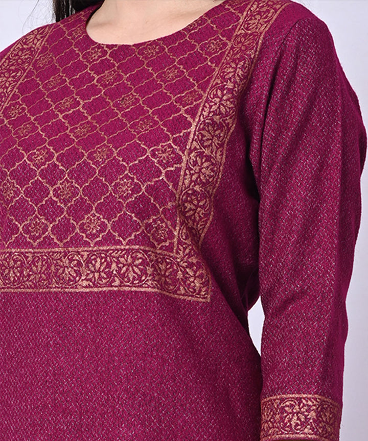 Purple hand block printed woolen kurta set