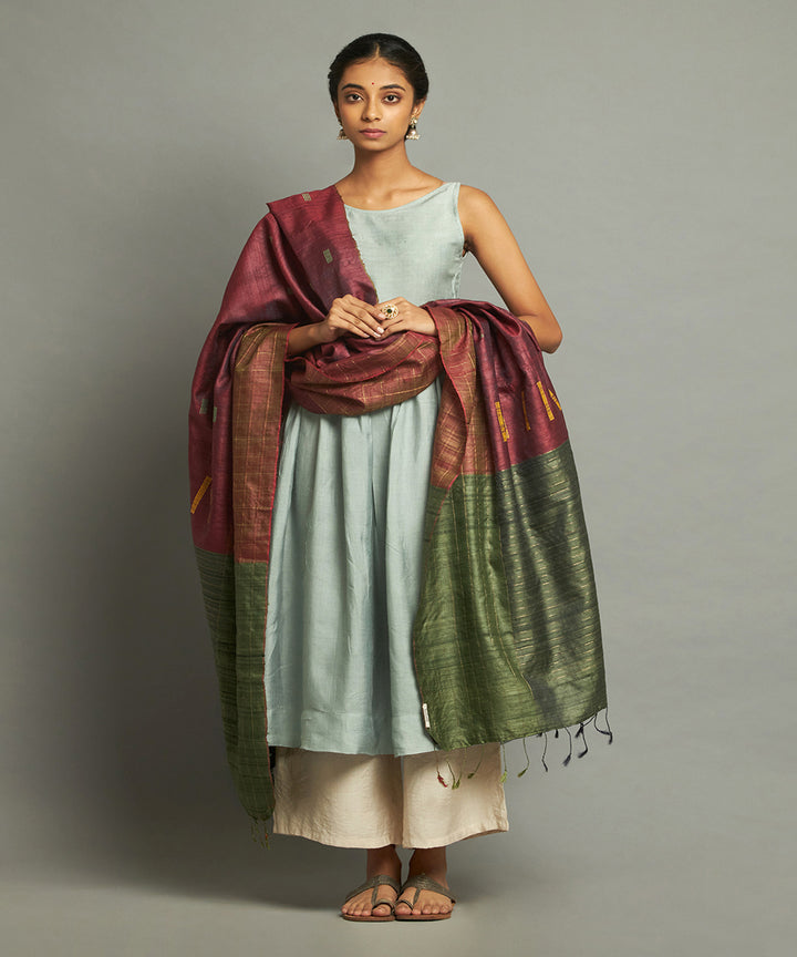 Deep maroon tussar silk handwoven kosa dupatta