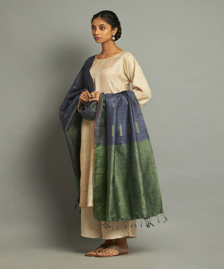 Deep blue tussar silk handwoven kosa dupatta