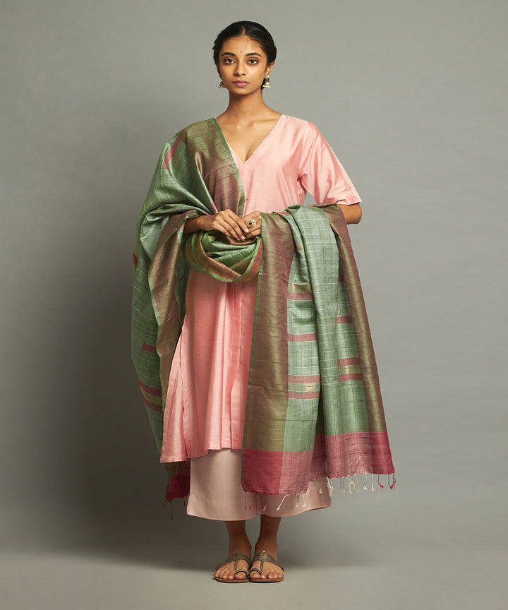 Forest green tussar silk handwoven kosa dupatta