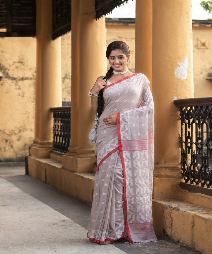 Mocha red cotton handloom jacquard jamdani saree