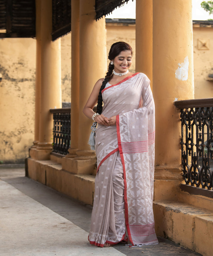 Mocha red cotton handloom jacquard jamdani saree