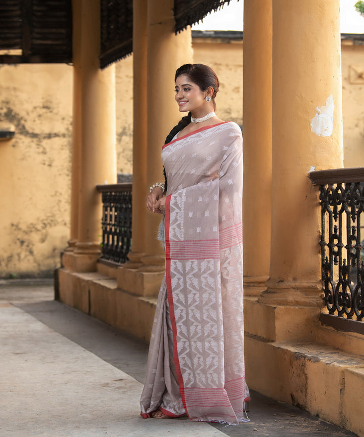 Mocha red cotton handloom jacquard jamdani saree