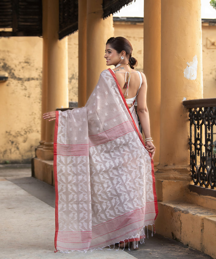 Mocha red cotton handloom jacquard jamdani saree