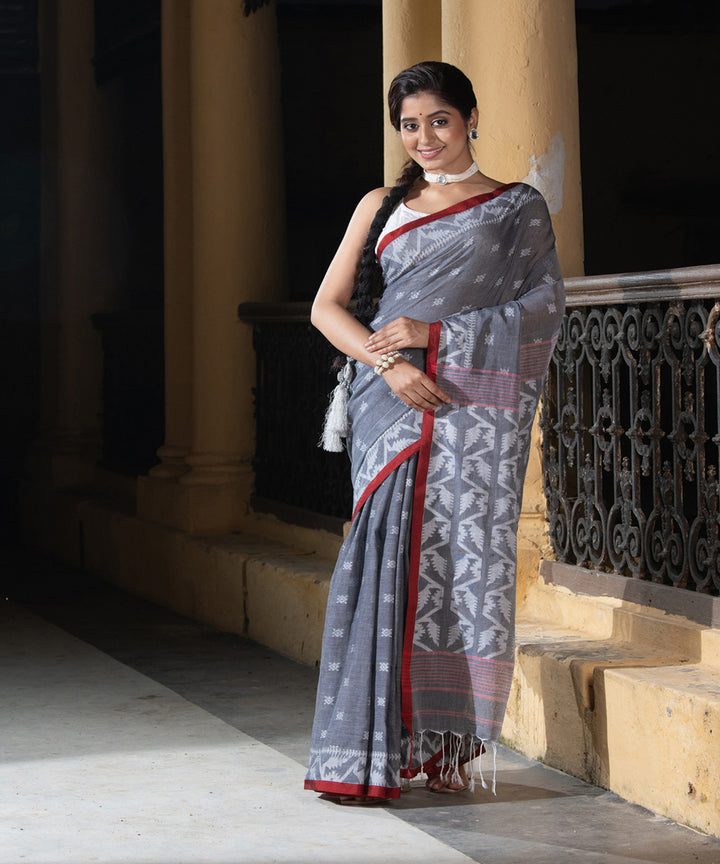 Grey red cotton handloom jacquard jamdani saree