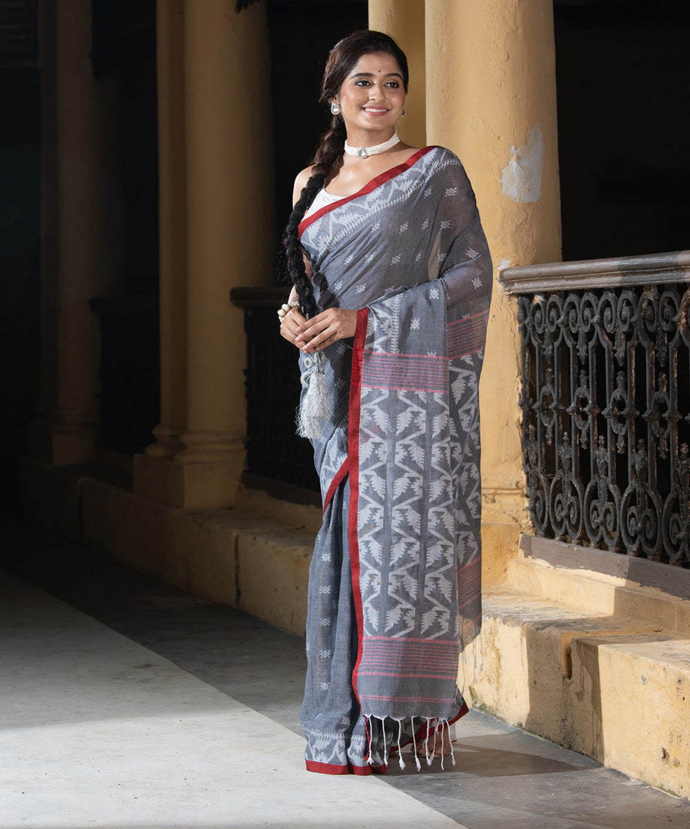 Grey red cotton handloom jacquard jamdani saree