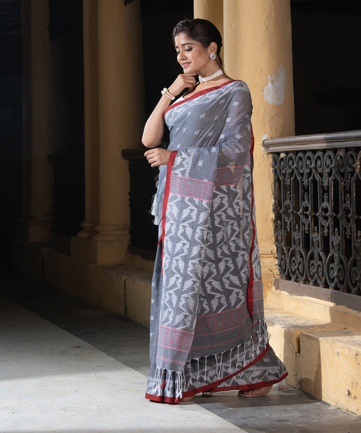 Grey red cotton handloom jacquard jamdani saree