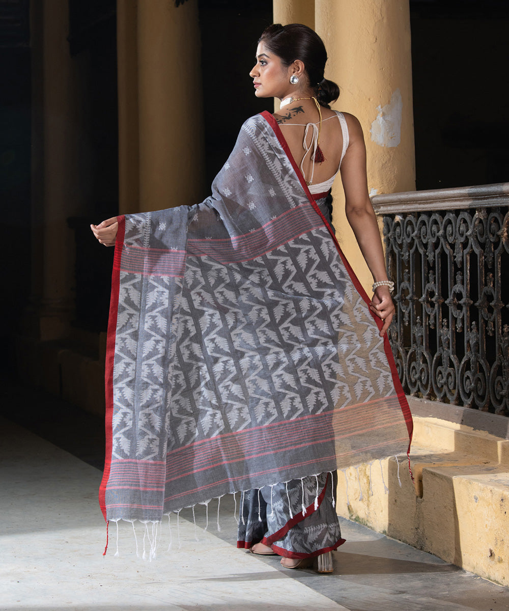 Grey red cotton handloom jacquard jamdani saree