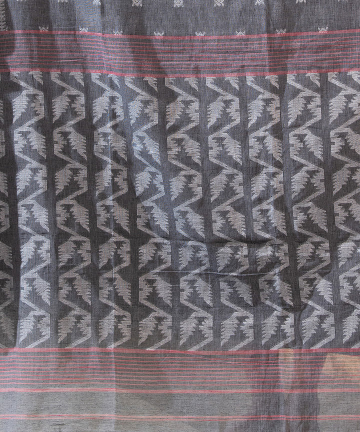 Grey red cotton handloom jacquard jamdani saree