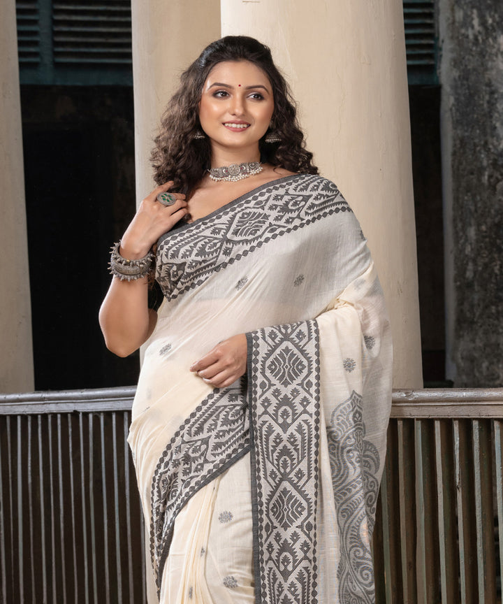 White black cotton handloom jacquard saree