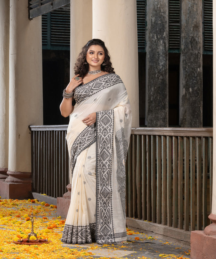 White black cotton handloom jacquard saree