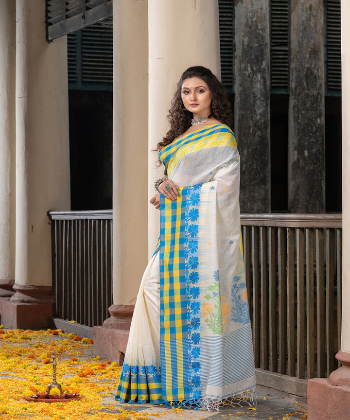 White multicolor cotton handloom jamdani saree