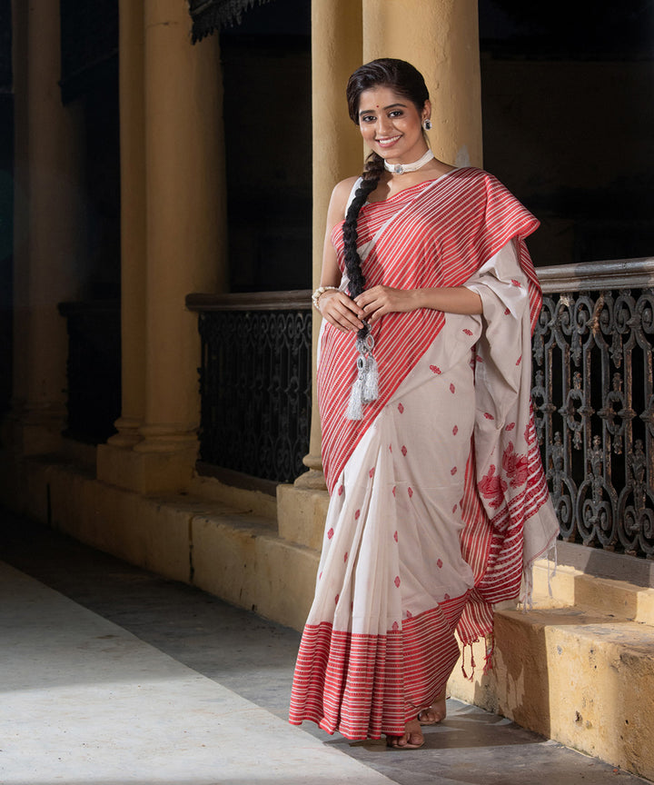 Offwhite red cotton handloom jamdani saree
