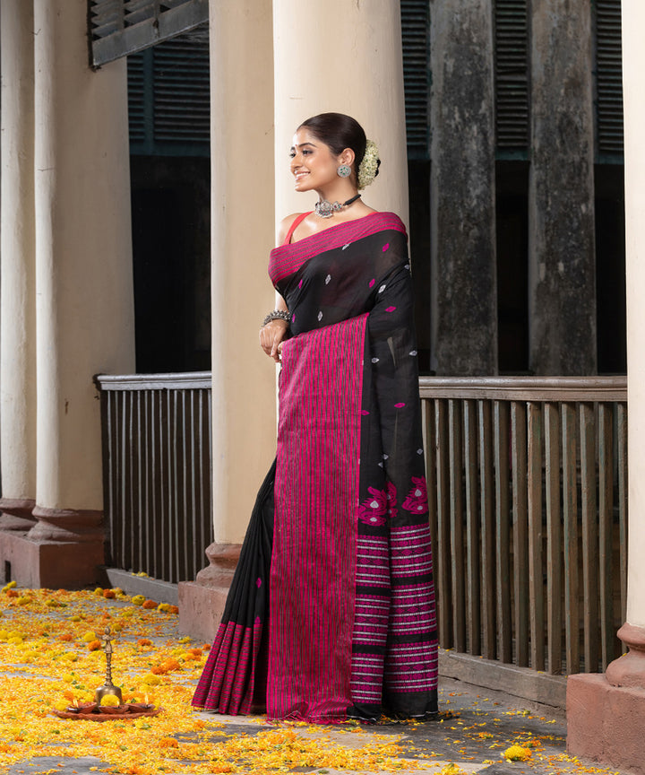Black pink cotton handloom jamdani saree