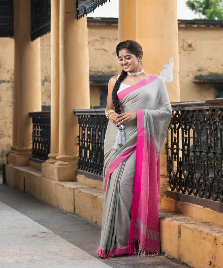 Grey pink cotton handloom bengal saree